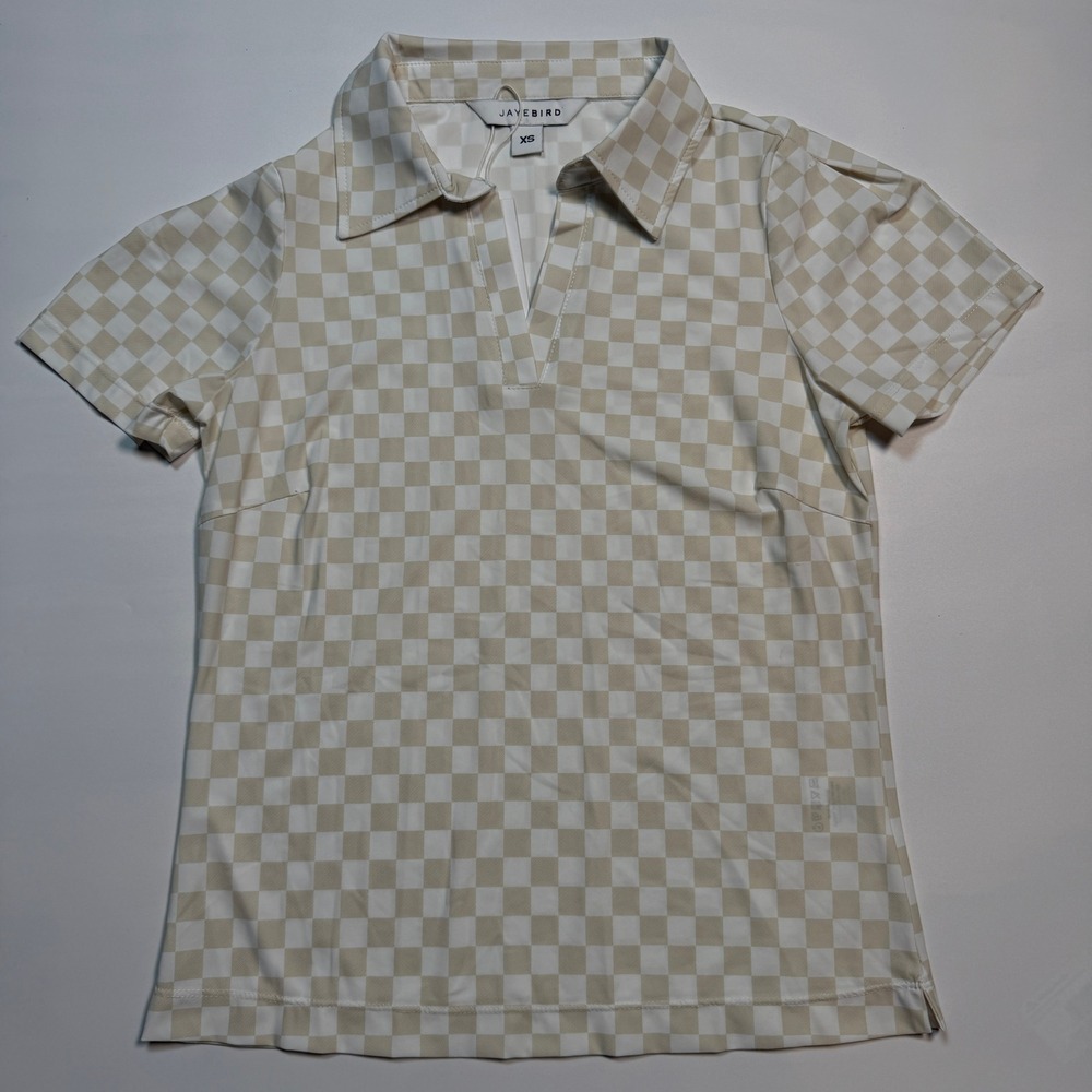 Jayebird Golf Womens XS Tan White Checkered Polo Shirt UPF 50+ Moisture Wicking
